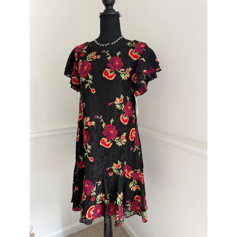 NEW Eva Franco Boho Romantic Black Lace Dress Vibrant‎ Floral Embroidery  size M